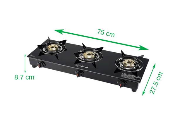 Design of Lifelong Glass Top 3 Burner Auto Ignition Gas Stove with dimensions