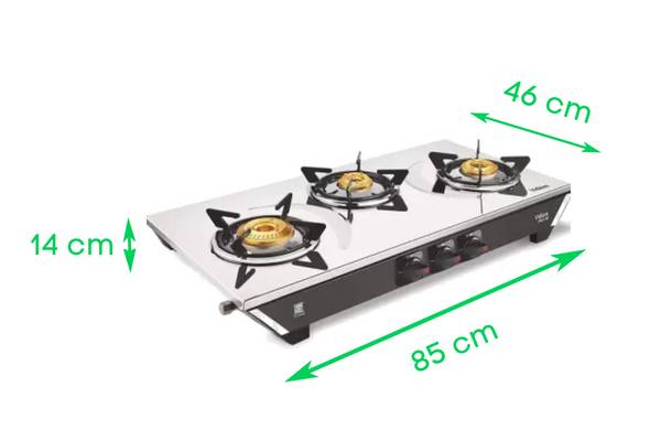 Vidiem 3 Burner Stainless Steel Gas Stove design with dimensions